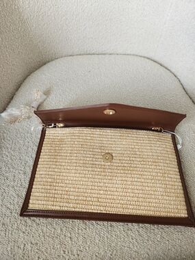 Aqua Beige Woven Straw Clutch with Brown Trim